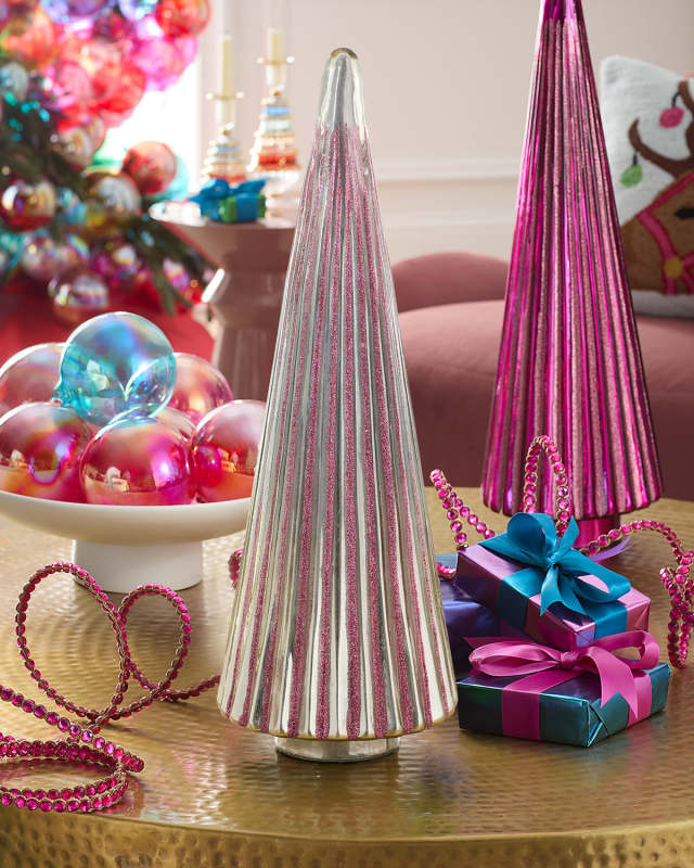 Shiny Silver Glass Tree with Pink Glitter